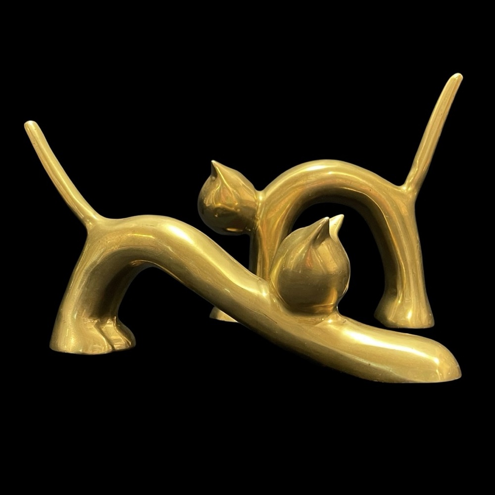 Vintage 1970s Pair of Solid Brass Art Deco Stretching Cat Sculptures Paperweight